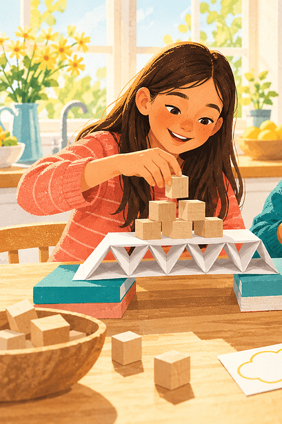 Two children and a caregiver testing a paper bridge with wooden blocks