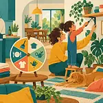 A family sharing laundry, cooking and tidying tasks together in a bright kitchen