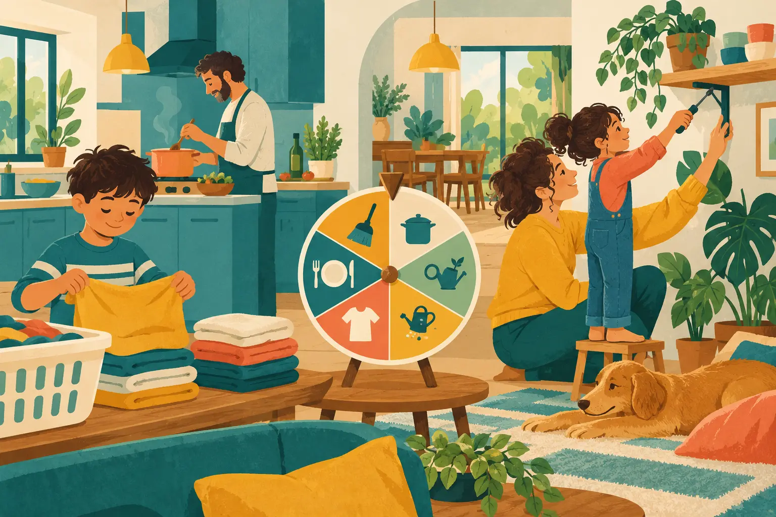 A family sharing laundry, cooking and tidying tasks together in a bright kitchen