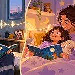 A father records a bedtime story while his child listens at home
