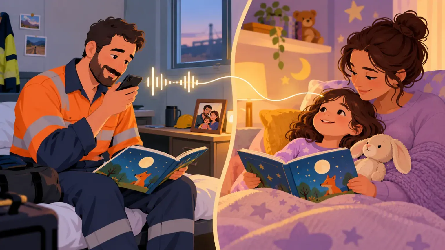 A father records a bedtime story while his child listens at home