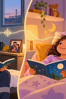 A father records a bedtime story while his child listens at home