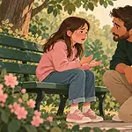 A father kneels beside an upset child and listens calmly in a park