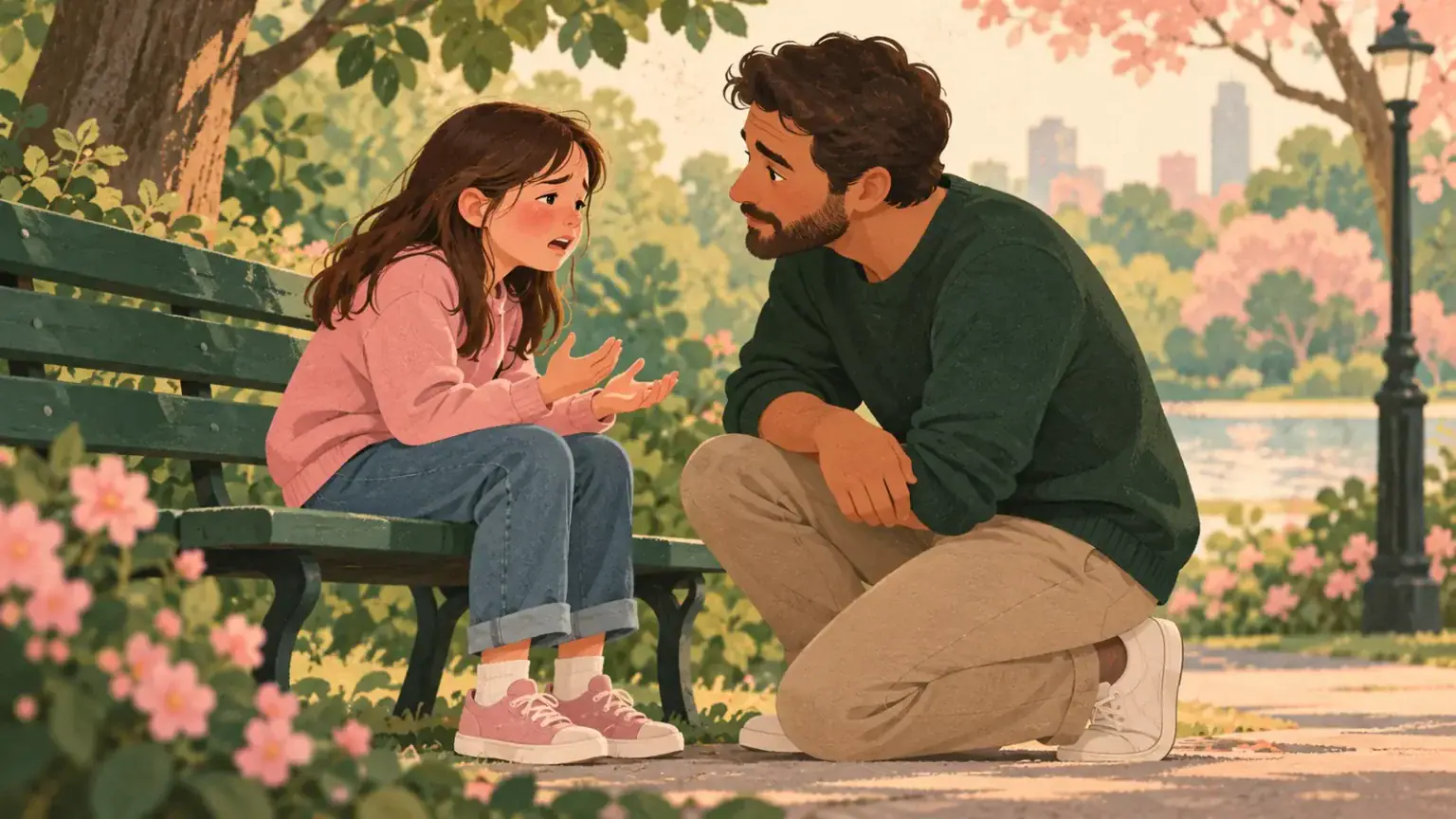 A father kneels beside an upset child and listens calmly in a park