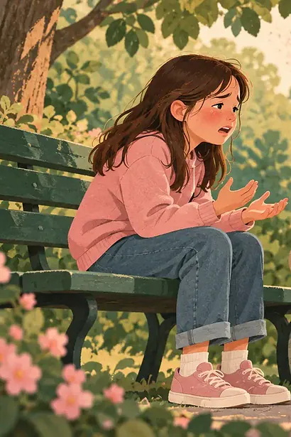 A father kneels beside an upset child and listens calmly in a park