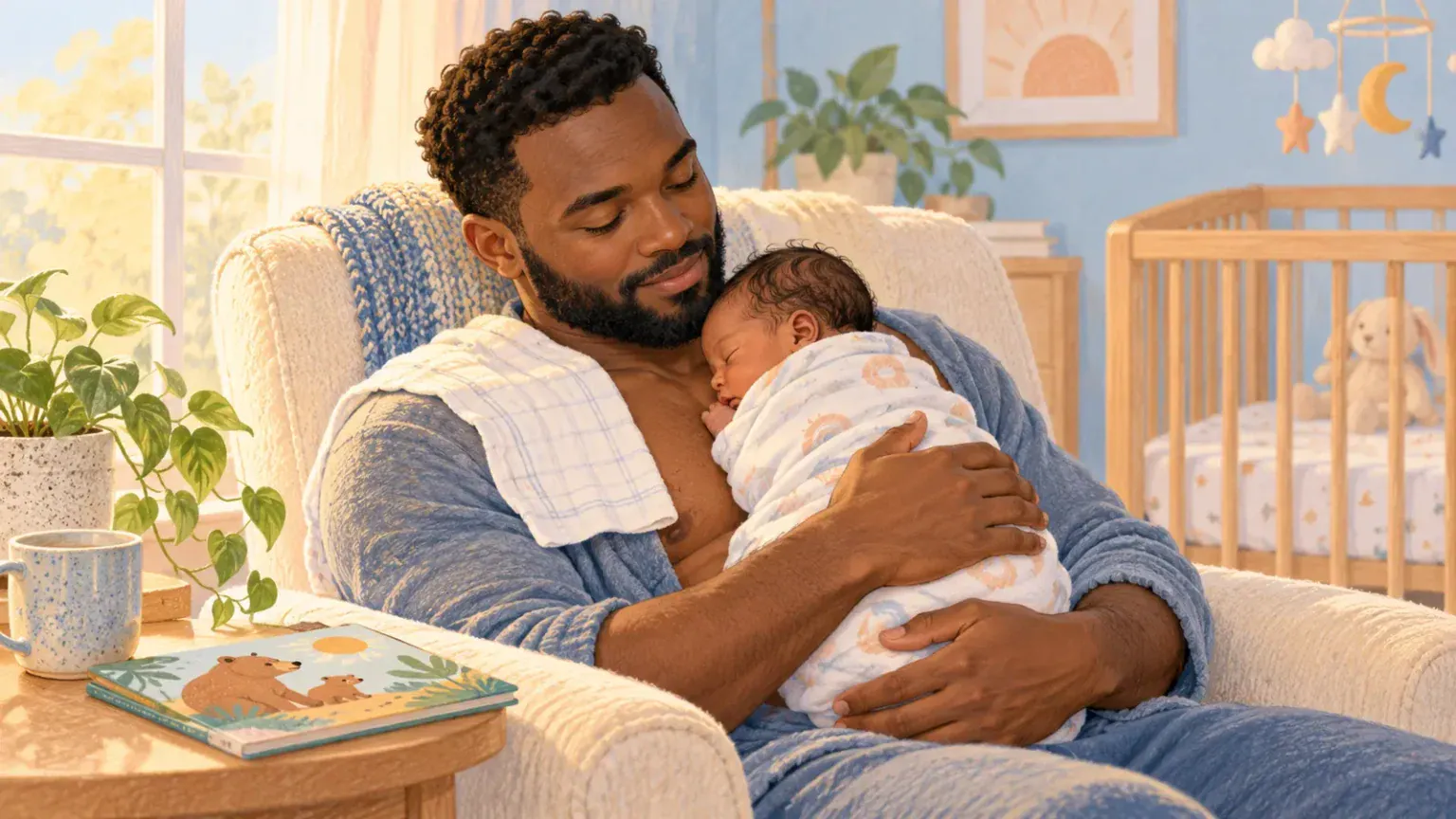 A father holds a sleeping newborn safely against his chest