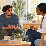 A new father talks with a healthcare professional while his partner holds their baby