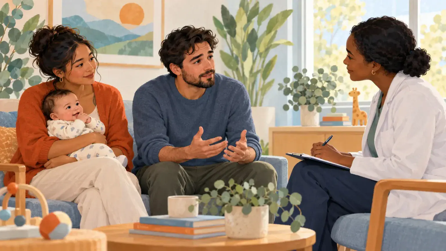 A new father talks with a healthcare professional while his partner holds their baby