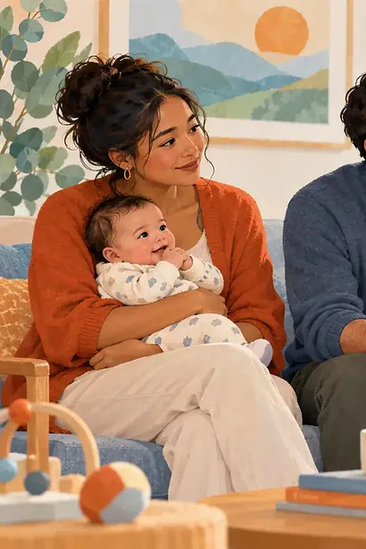 A new father talks with a healthcare professional while his partner holds their baby