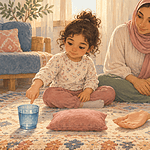 A young child chooses among water, a pillow, connection and headphones while a caregiver waits nearby.