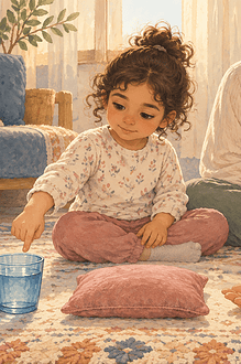 A young child chooses among water, a pillow, connection and headphones while a caregiver waits nearby.
