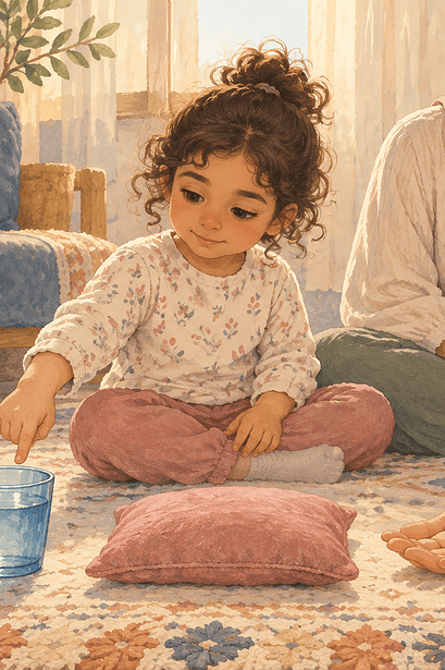 A young child chooses among water, a pillow, connection and headphones while a caregiver waits nearby.