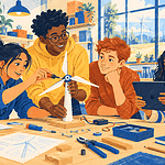 Teenagers collaborating on a wind-powered model in a maker space