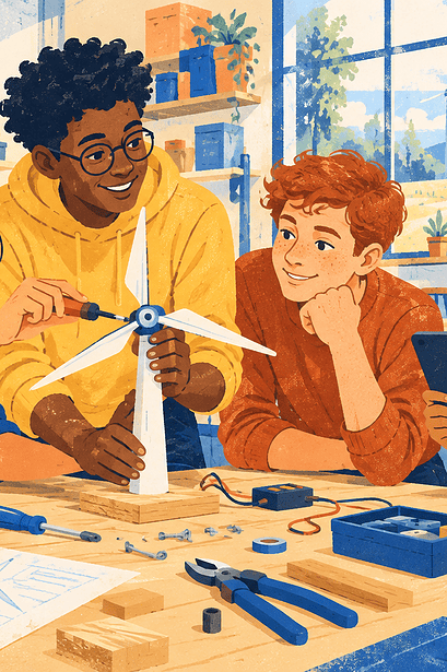 Teenagers collaborating on a wind-powered model in a maker space