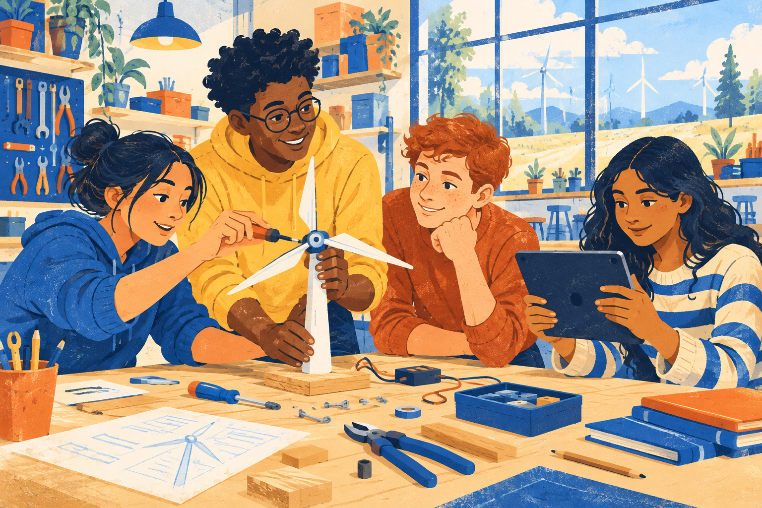 Teenagers collaborating on a wind-powered model in a maker space
