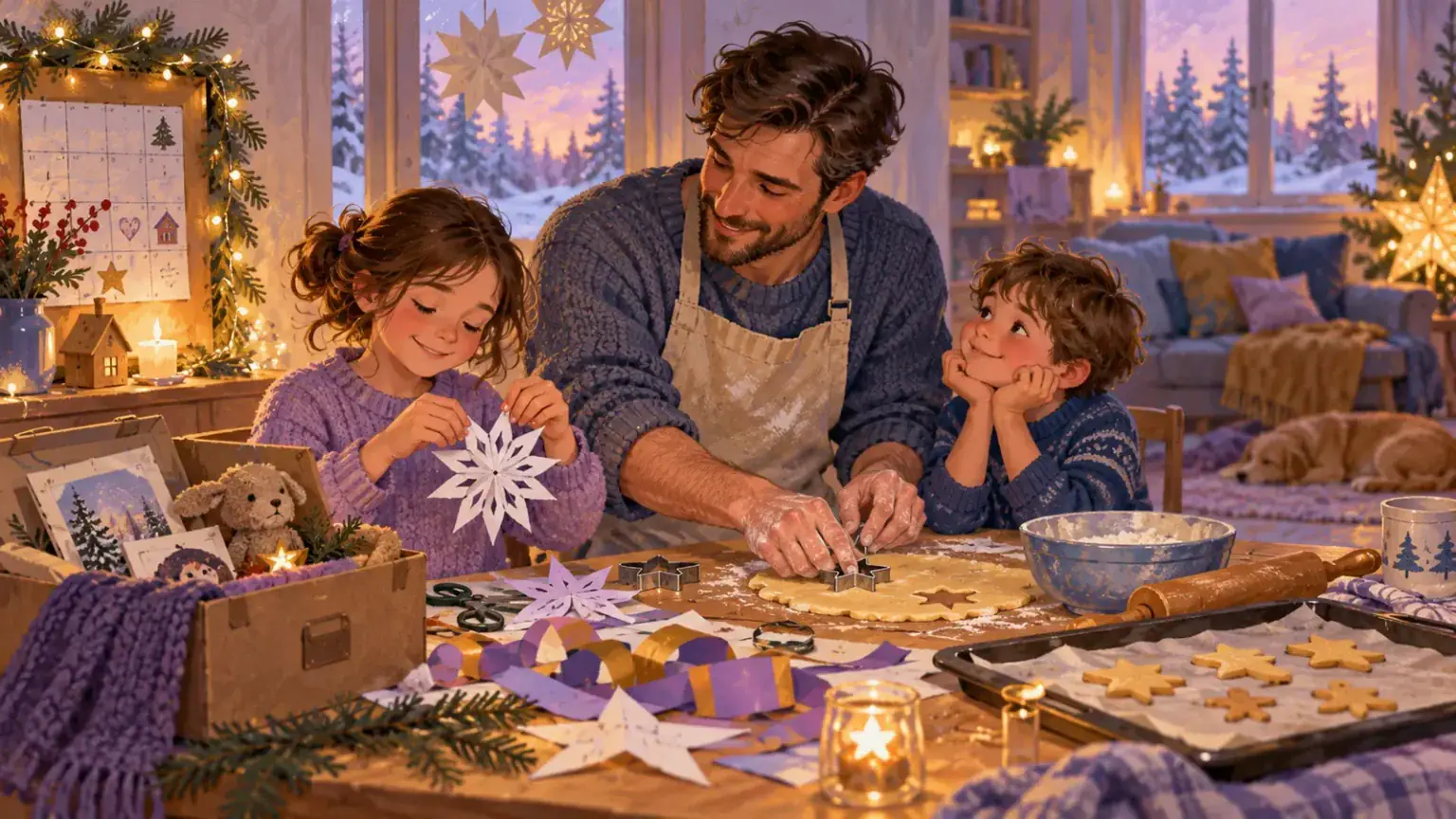 A father and two children make decorations and bake together at home