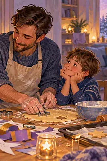 A father and two children make decorations and bake together at home