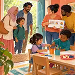 Children from different family backgrounds sharing blocks and fruit at a relaxed home playdate