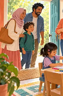 Children from different family backgrounds sharing blocks and fruit at a relaxed home playdate