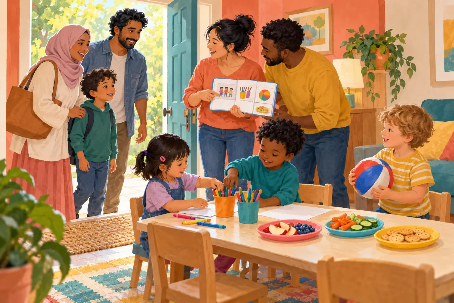 Children from different family backgrounds sharing blocks and fruit at a relaxed home playdate