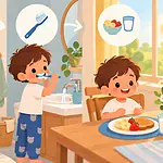Child following an independent morning routine from dressing to breakfast