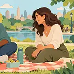 A father and daughter meet a new partner during a relaxed park picnic