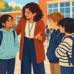 Teacher and supportive friend standing with a child during a calm playground conversation