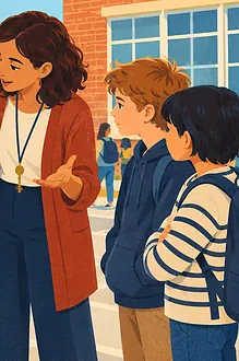 Teacher and supportive friend standing with a child during a calm playground conversation