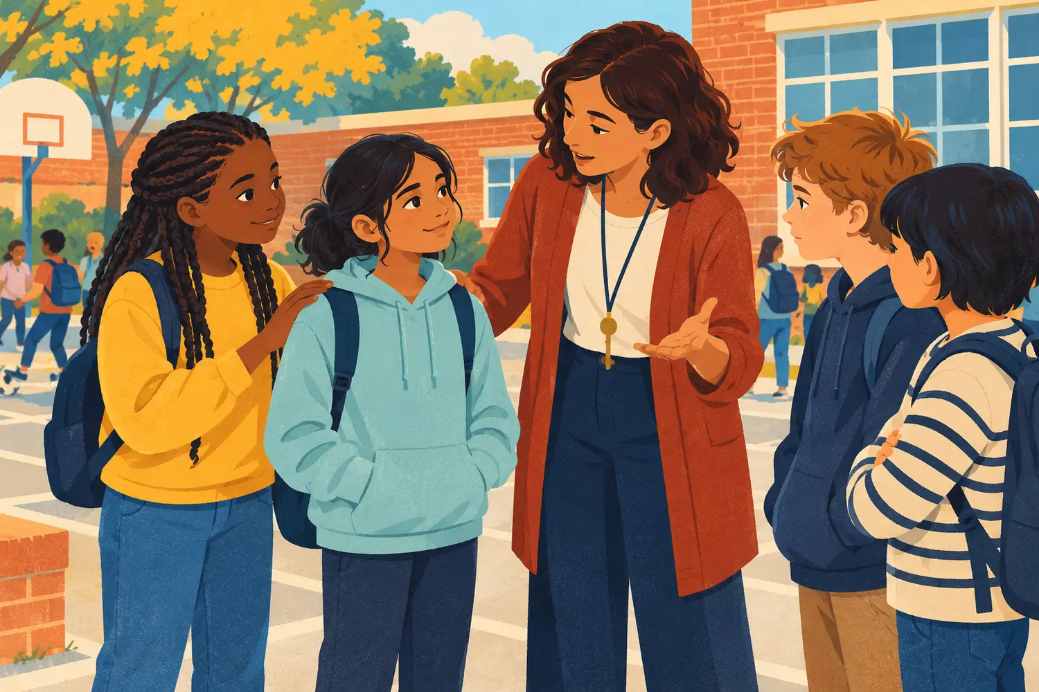 Teacher and supportive friend standing with a child during a calm playground conversation
