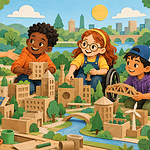 Children sharing ideas and roles while building a cardboard city
