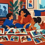 A caregiver and child pausing a tablet video and sorting misleading and respectful picture cards
