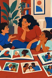 A caregiver and child pausing a tablet video and sorting misleading and respectful picture cards