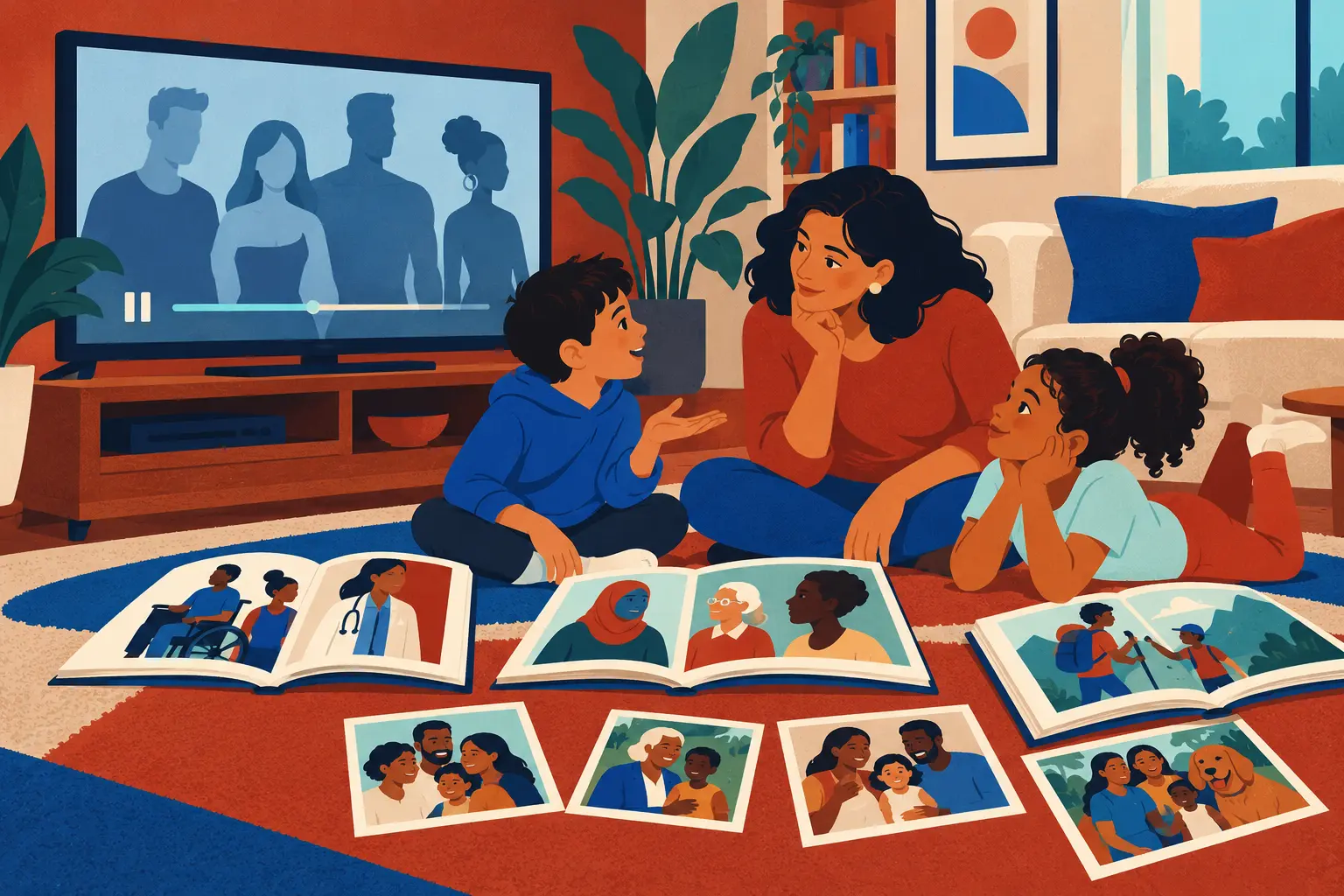 A caregiver and child pausing a tablet video and sorting misleading and respectful picture cards