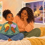 A child holds two colored paper shapes while a caregiver listens between views of a school bus and a cozy bedroom.