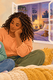 A child holds two colored paper shapes while a caregiver listens between views of a school bus and a cozy bedroom.