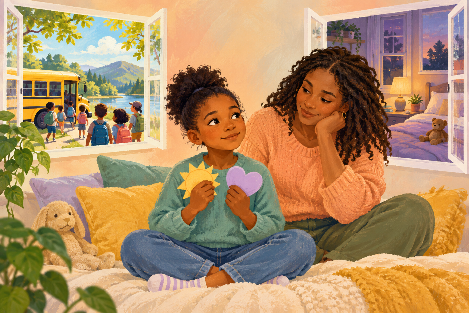 A child holds two colored paper shapes while a caregiver listens between views of a school bus and a cozy bedroom.