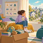 A family arriving in a bright new neighbourhood while a child holds a familiar backpack and waves to another child