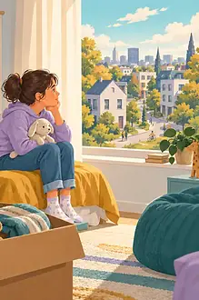 A family arriving in a bright new neighbourhood while a child holds a familiar backpack and waves to another child