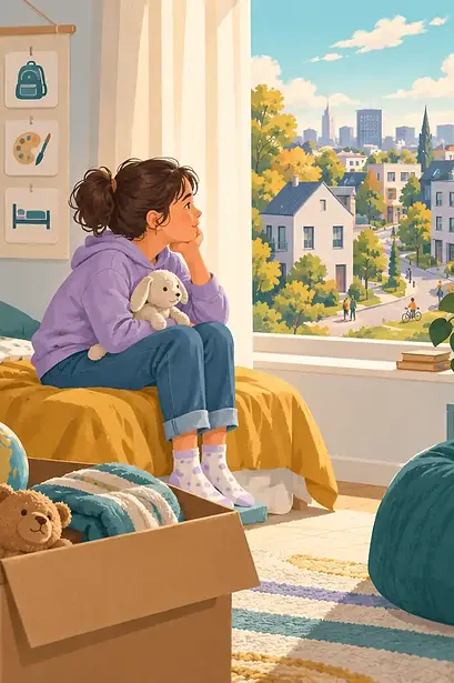 A family arriving in a bright new neighbourhood while a child holds a familiar backpack and waves to another child