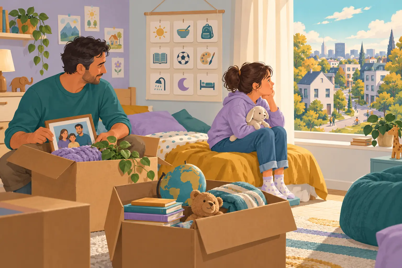 A family arriving in a bright new neighbourhood while a child holds a familiar backpack and waves to another child