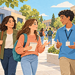 Teen asking a student ambassador questions during a campus open day
