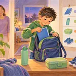 Child packing a school bag at an evening launch station