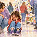 A mother crouches beside her overwhelmed daughter in a busy supermarket aisle