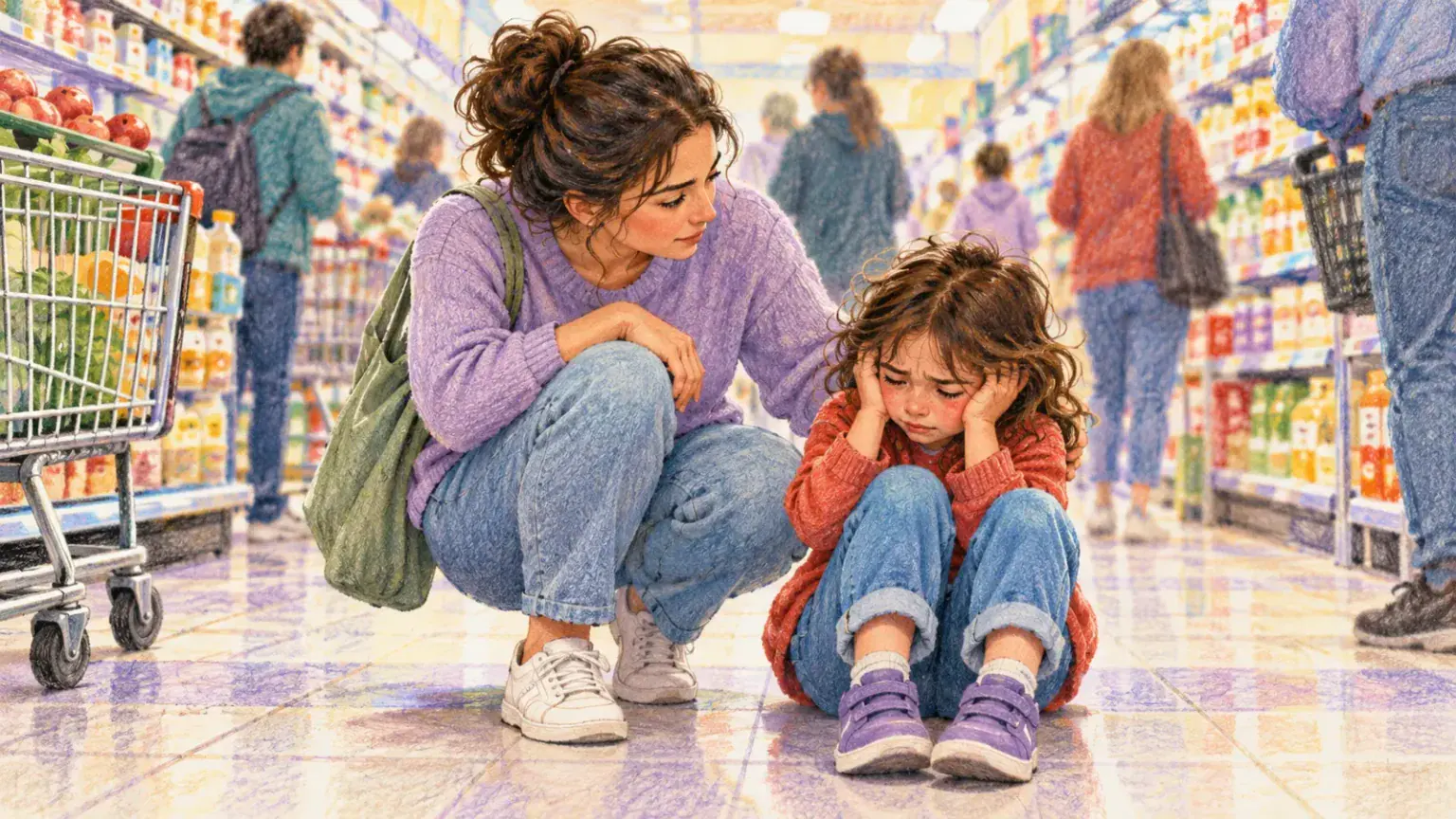 A mother crouches beside her overwhelmed daughter in a busy supermarket aisle