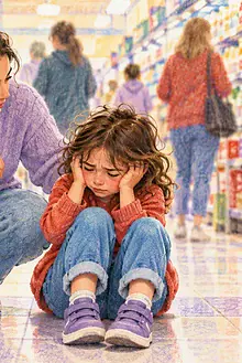 A mother crouches beside her overwhelmed daughter in a busy supermarket aisle