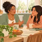 A single parent talks with a trusted adult while her child plays nearby