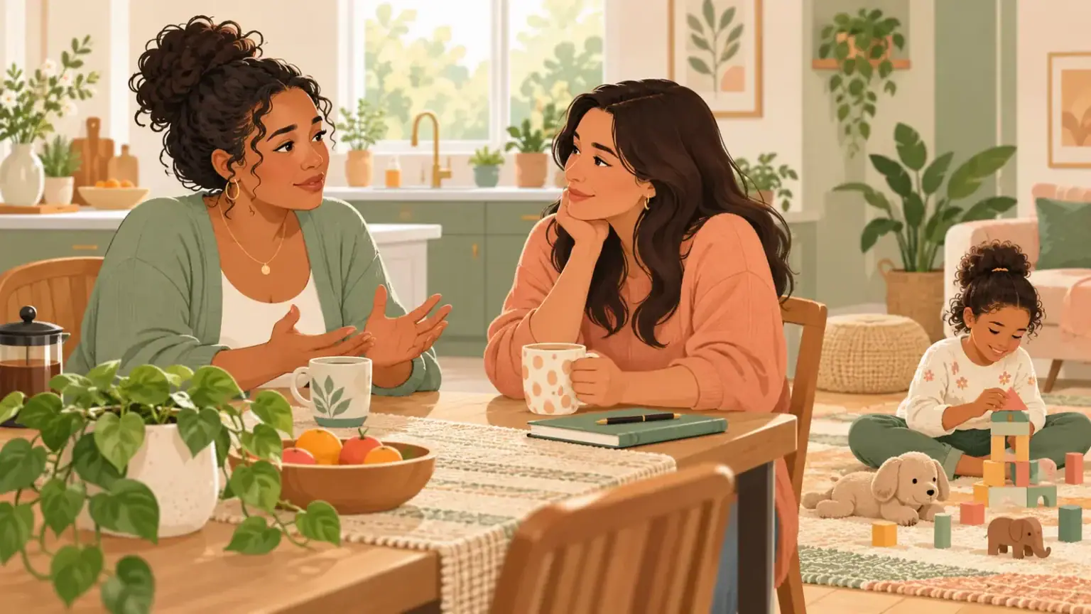 A single parent talks with a trusted adult while her child plays nearby