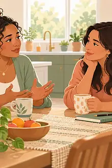 A single parent talks with a trusted adult while her child plays nearby