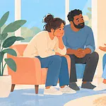 Two parents speak with a supportive health professional while their child plays nearby