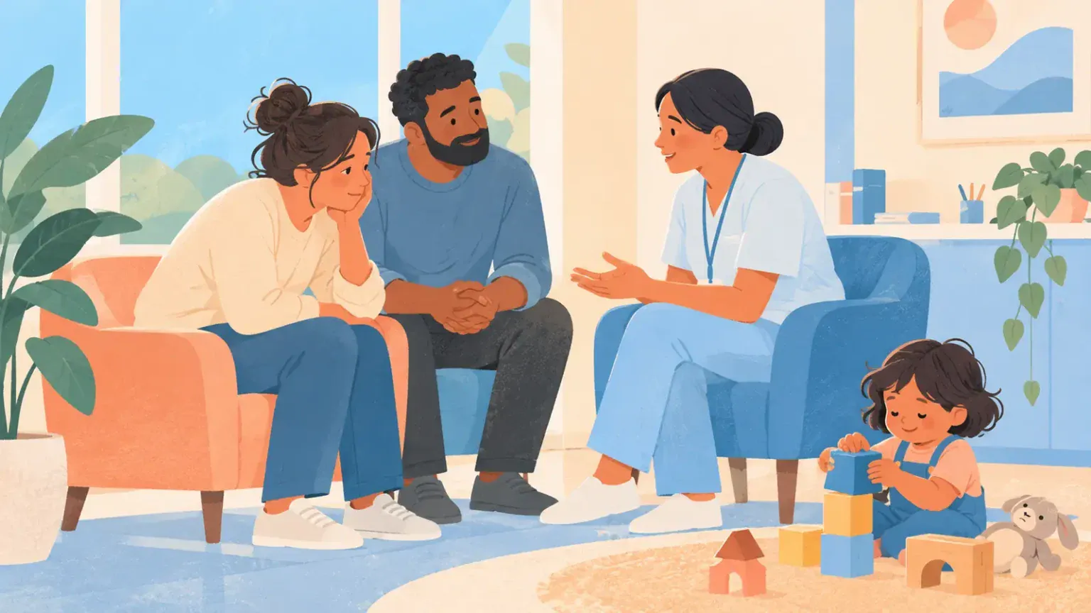 Two parents speak with a supportive health professional while their child plays nearby